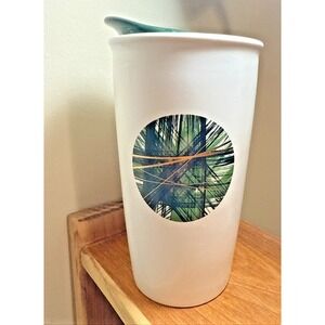 Starbucks‎ White Ceramic Travel Mug Green Lid Abstract Design 12 fl oz
